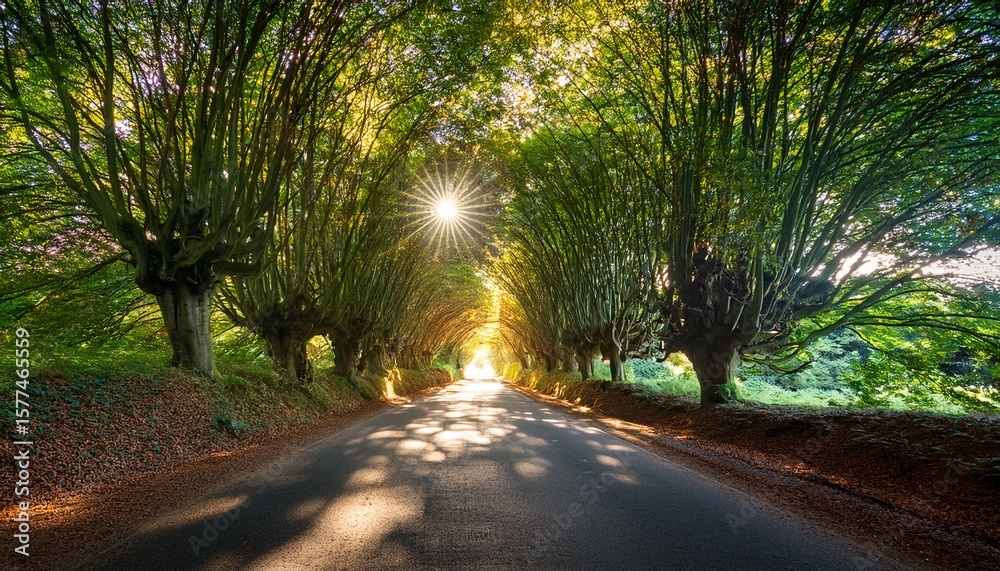 Fototapeta premium halnaker tree tunnel in west sussex uk with sunlight shining in this is an ancient road which follows the route of stane street the old london to chichester road