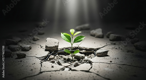 A small green plant sprouts through cracked concrete, illuminated by bright light, symbolizing hope, resilience, and new beginnings.