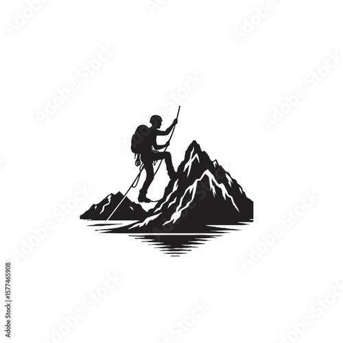Mountain Climber Using Rope Silhouette on White Background – Vector Illustration for Adventure, Mountaineering, and Extreme Sports Themes