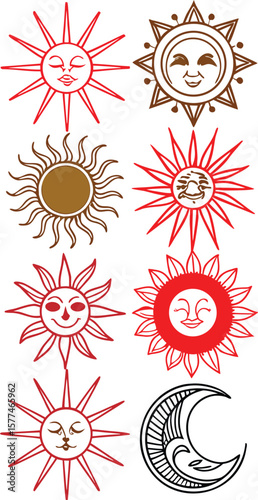 A vibrant vector collection of yellow sun icons and symbols for summer design illustration