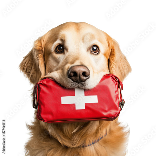 a golden retriever holding a red first aid kit in its mouth. Transparent background