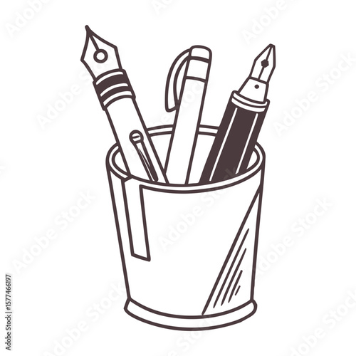 Fountain pens and ballpoint pen in holder writing