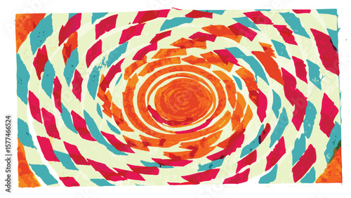 Abstract spiral design with orange center and colorful geometric shapes surrounding it artfully