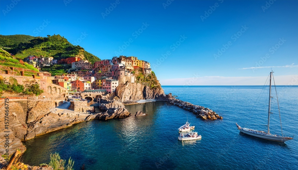 Fototapeta premium the seaside village of vernazza cinque terre shines with colorful buildings towers fortress nestled between terraced hills sailboat on the calm blue waters of the ligurian sea