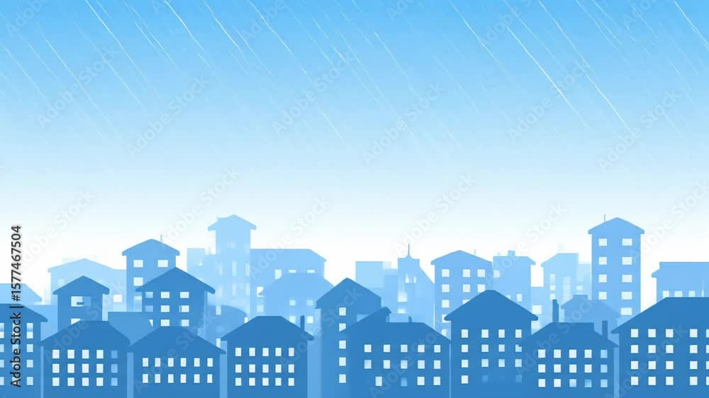 Animated Rainy Day in a Blue Cityscape with Silhouetted Buildings and a Light Blue Sky Animated Rainy Day in a Blue Cityscape with Silhouetted Buildings and a Light Blue Sky