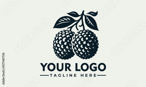 Two blackberries hang from a branch with leaves, depicted in a detailed, stylized illustration.