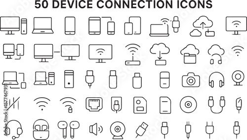 A clean and modern icon pack featuring 50 black-and-white minimal line icons related to device connectivity. This set includes various symbols for Bluetooth, Wi-Fi, mobile data, LAN, USB, cloud sync, 