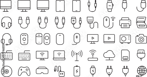 A clean and modern icon pack featuring 50 black-and-white minimal line icons related to device connectivity. This set includes various symbols for Bluetooth, Wi-Fi, mobile data, LAN, USB, cloud sync, 