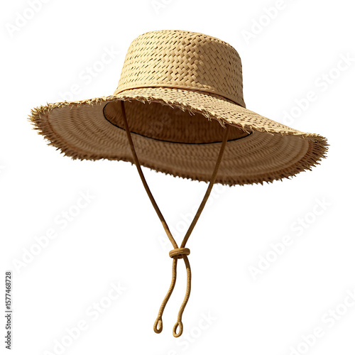 Wide-brimmed straw lifeguard hat with chin strap and woven texture  