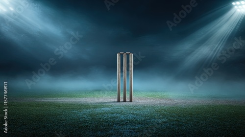 Cricket stumps embedded in misty turf under floodlights volumetric light rays piercing rising morning fog cool blue and green