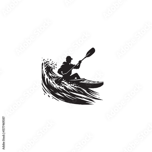 Kayaker in Rapid Water Silhouette on White Background – Vector Illustration for Whitewater Adventure, Extreme Sports, and River Navigation Themes