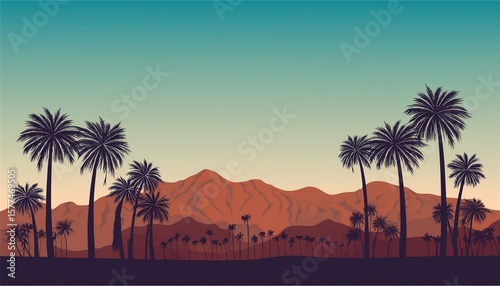palm trees and desert mountain panorama in palm springs coachella valley landscape california