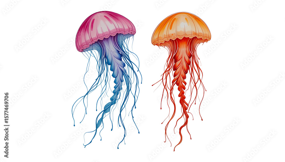 Fototapeta premium Watercolor Painting of Two Colorful Jellyfish with Flowing Tentacles – Isolated PNG
