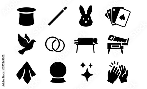 Magic icons set: silhouette style with hat, wand, cards, and rabbit