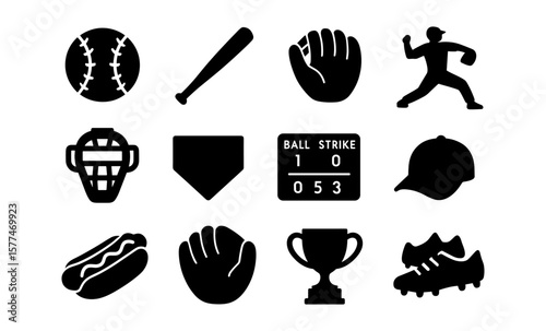 Silhouette icons of classic baseball equipment and actions