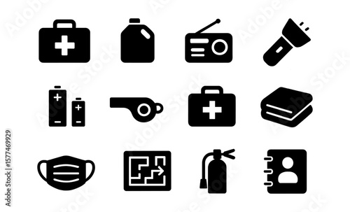 Essential emergency preparedness icons in silhouette style