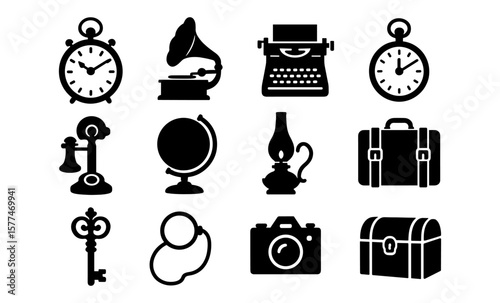 Vintage icons set: retro gadgets and objects in silhouette style