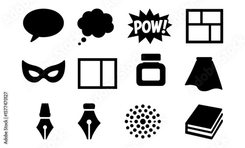 Comic book elements collection: speech bubbles, panels, and icons for creative design