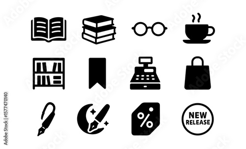 Library and bookstore icons set for modern design projects