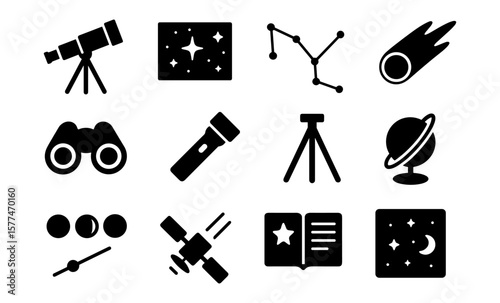 Celestial icons set: space telescope, astronomy, constellation, and more