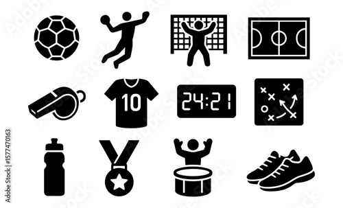 Soccer silhouette icons set: equipment, players, field, tactics, whistle