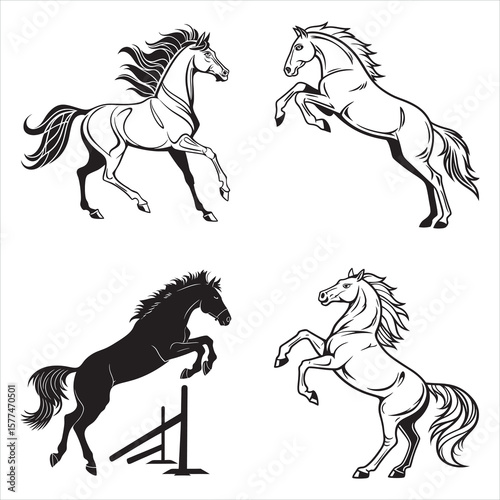 Four Horses in Various Poses Graceful Equestrian Silhouettes Showcase Strength Agility and Beauty in Black and White Design