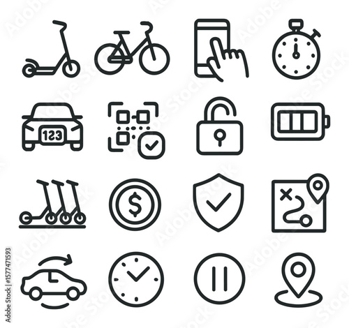 Shared mobility collection, transportation icons. car, bike, and scooter symbols set