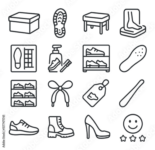 Footwear store icon collection, shoe shop symbols. footwear and cobbler design set
