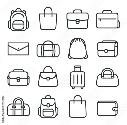 Bag icon collection, diverse bag symbols. travel and fashion accessory set