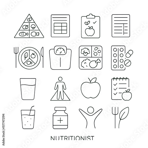 Nutritionist collection, diet and health symbols. wellness and food planning icons