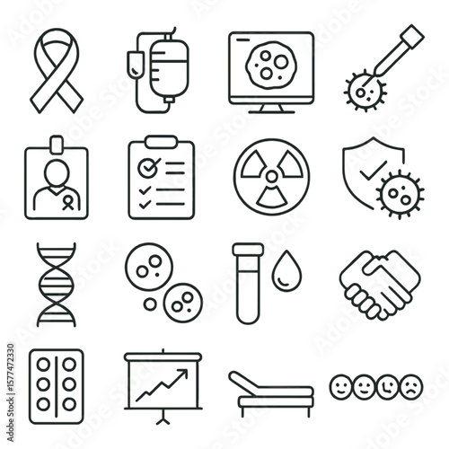 Oncology icon collection: cancer care symbols, medical treatment and healthcare icons