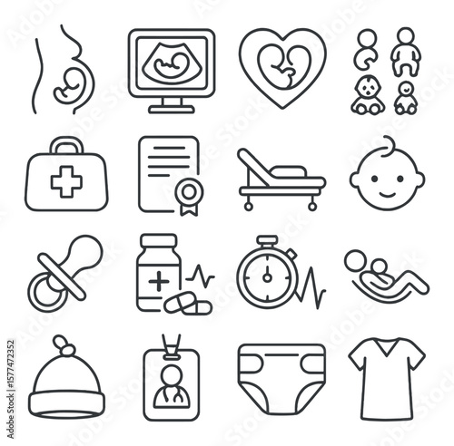 Obstetrics collection, maternity and childbirth icons. prenatal and baby care symbols