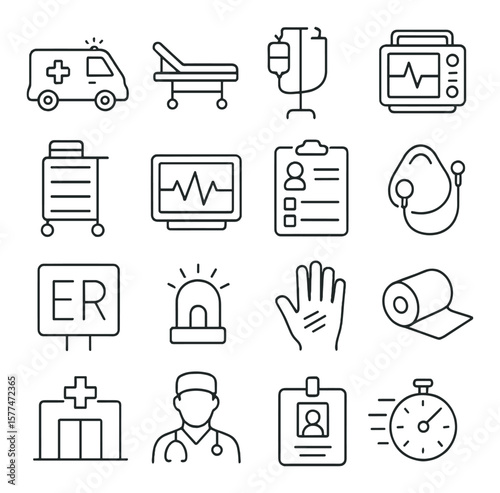 Emergency room icon collection, healthcare and medical symbols. clinic and hospital set