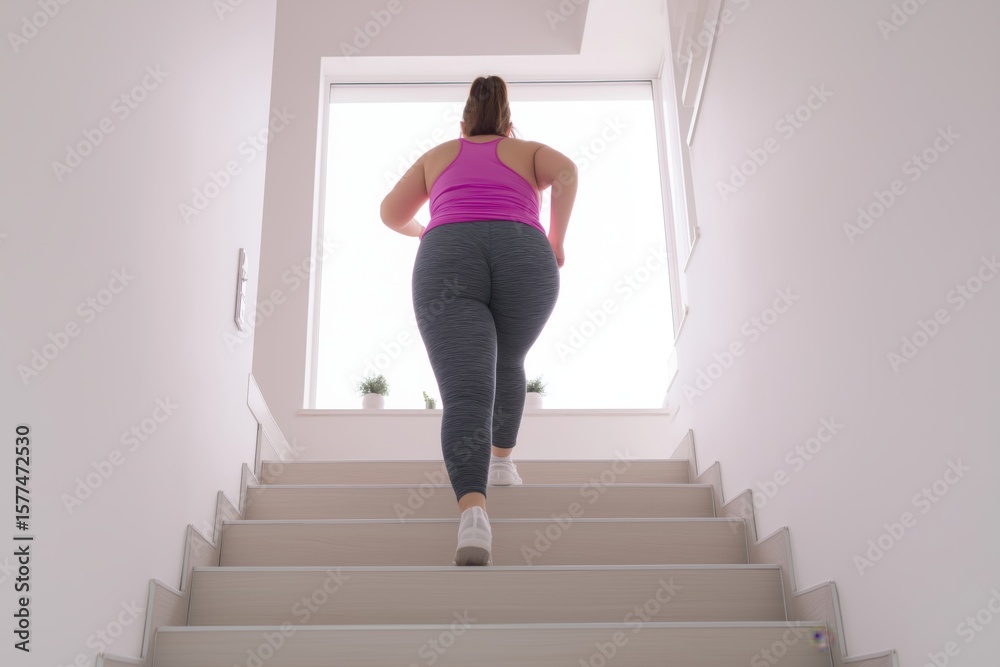Overweight Woman Climbing Stairs Indoors Overweight Woman Climbing Stairs Indoors