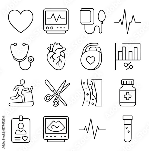 Cardiologist tools collection, heart health icons. medical and healthcare symbol set