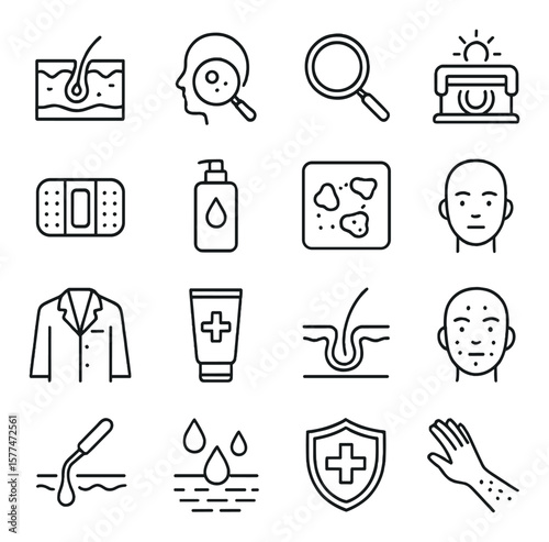 Dermatology icon collection, skin care symbols. acne and treatment design set