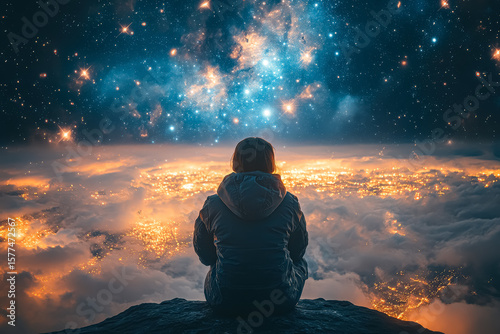 Person is sitting on a rock looking up at the sky. The sky is filled with stars and the person is wearing a jacket