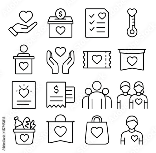 Charity event icon collection, volunteer fundraiser symbols. donation and community aid set