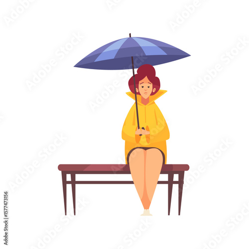 Rainy Day Vector Woman with Umbrella on Bench
