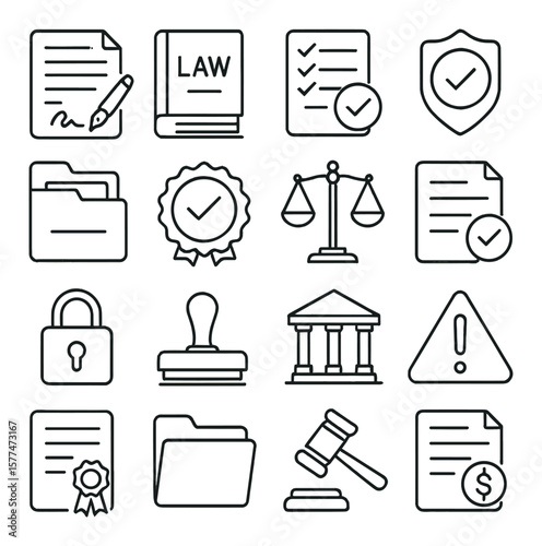Legal and compliance collection, regulatory symbols set. governance and law icons pack