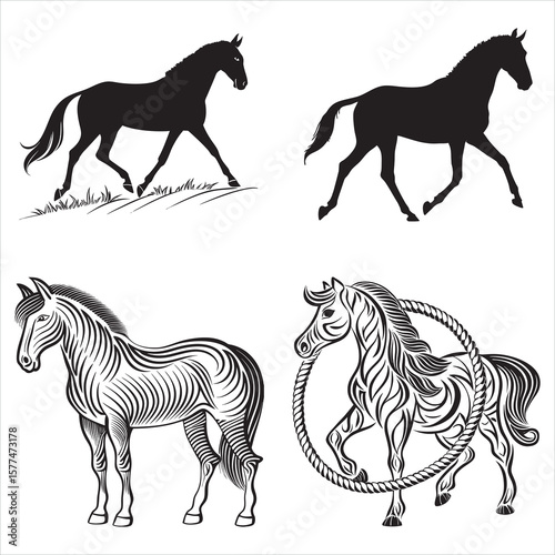 Elegant Horse Silhouette and Line Art Designs A Collection of Equestrian Inspired Black and White Illustrations