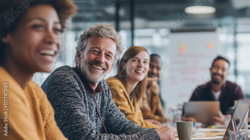 Diverse team smiling during a meeting in a modern office