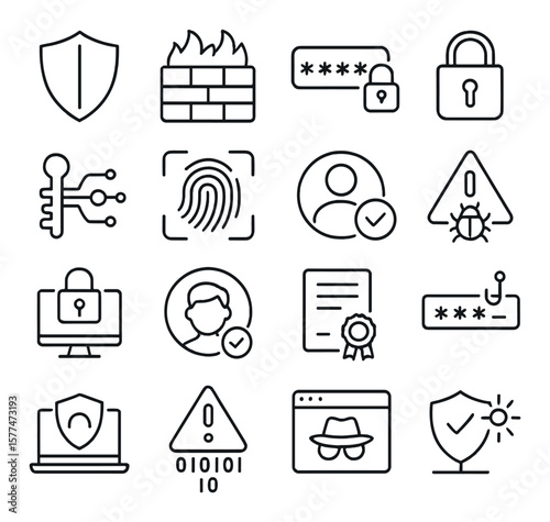 Cybersecurity icon collection, digital security symbols. data protection and privacy set