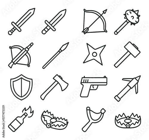 Game weapon icons collection, simple combat tools. armory and battle symbol set