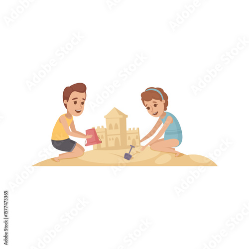 Vector Kids Constructing Sandcastle on Beach Adventure
