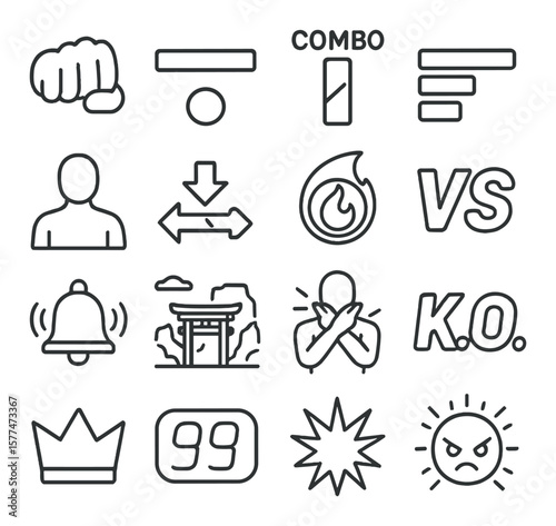 Fighter game icon collection, combat symbols. action, arcade emblem set