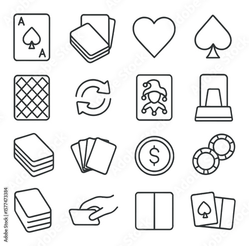 Card game icons collection, playful gaming symbols. casino and poker card set