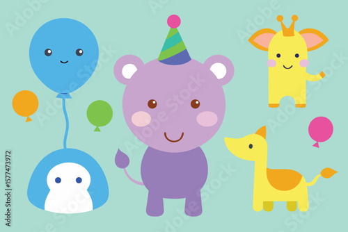 A charming vector illustration set of funny baby cartoon animals including elephants, cats, birds, lions, rabbits, bears, giraffes, and sheep, perfect for kid's design cards