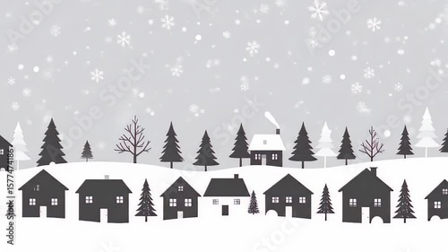 Winter Village Scene with Falling Snow and Stylized Houses and Trees Animation