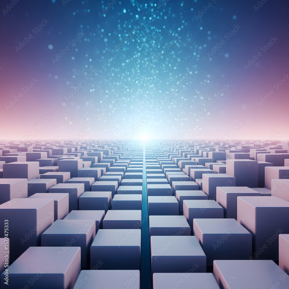 Obraz premium A futuristic abstract background of a glowing blue grid leading to a bright horizon.